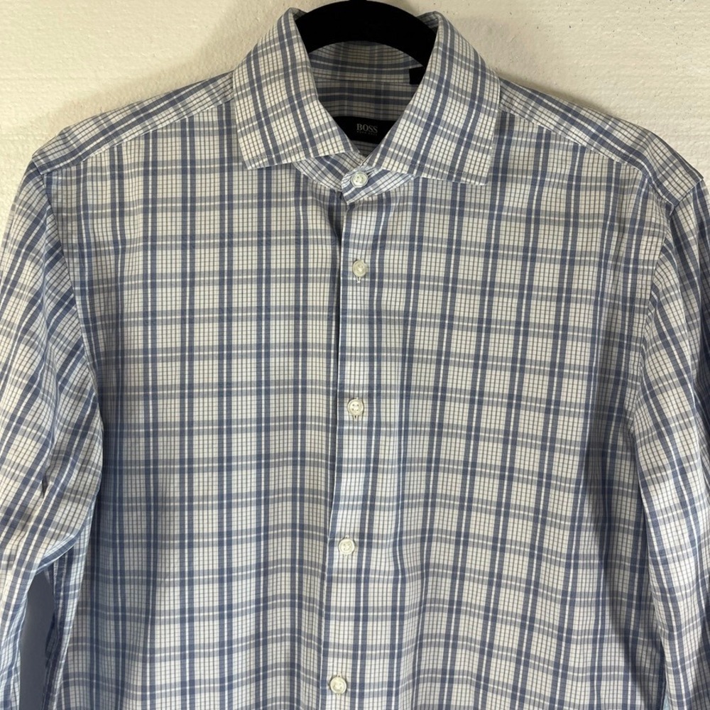 BOSS Hugo Boss Dress Shirt Mens Blue Plaid Size 15-1/2 34/35 Slim Fit ‎ Cotton